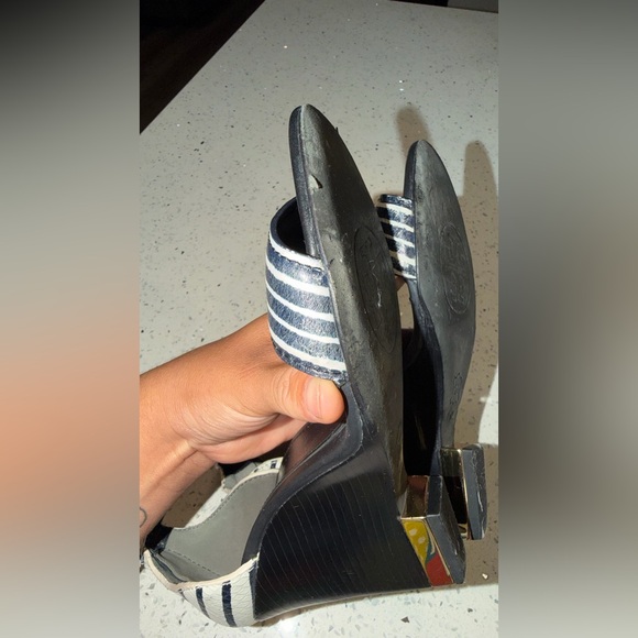 Tory Burch Black and White Striped Ankle Strap Heels - Picture 9 of 11